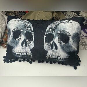 Spooky Night Black Skulls Beaded Jeweled Gothic Pom Poms Small Accent Pillow